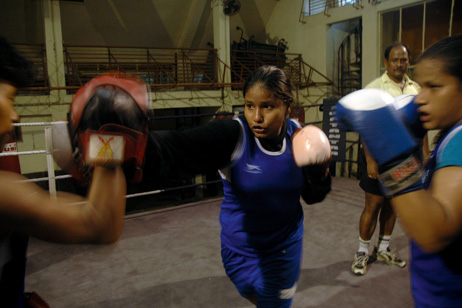 Shakila, left, and Sanno practise at a  boxing club in their town of Ekbalpore.